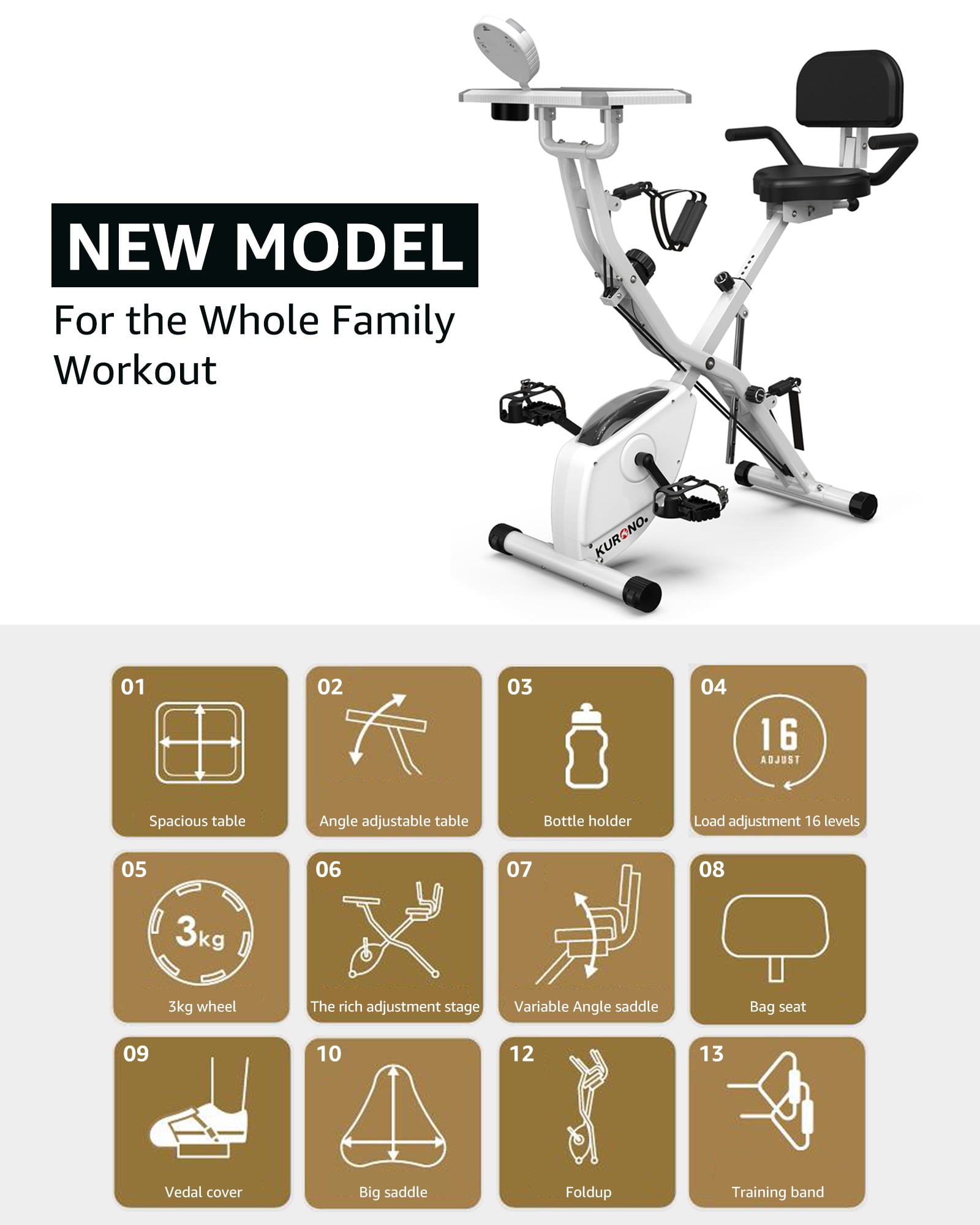 KURONO 5 IN 1 Foldable Indoor Exercise Bike, 16-Level KURONO 5 IN 1 Foldable Indoor Exercise Bike, 16-Level