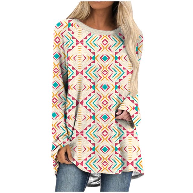Pompotops Femmes Décontracté Vent Tribal Imprimé Manches Longues Col Rond Chandail Blouse T-shirt Hauts