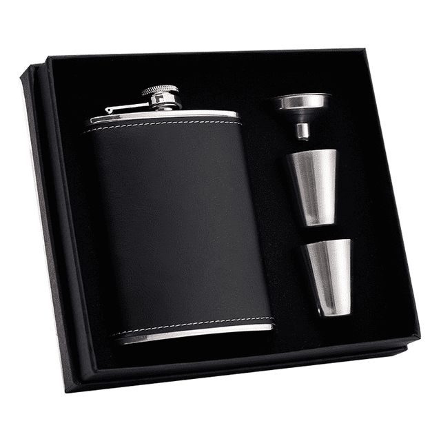 Juego de regalo de petaca, petacas para licor para hombres con funda de cuero negro Vhermosa Vinos y Licores