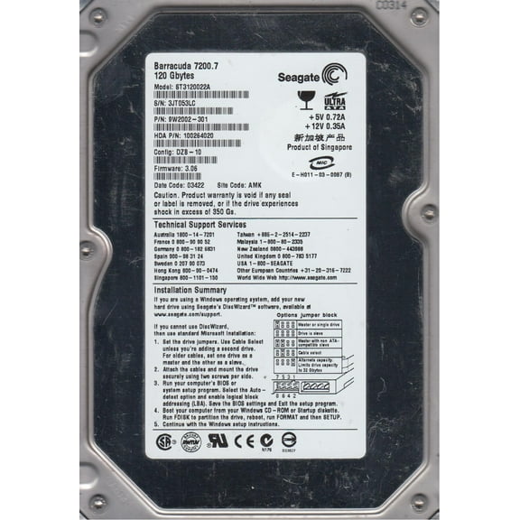 ST3120022A, 3JT, AMK, PN 9W2002-301, FW 3.06, Seagate 120GB IDE 3.5 Hard Drive