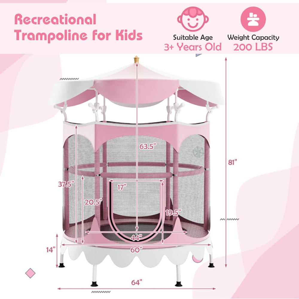 Spaco 64" Kids Trampoline with Detachable Canopy and Safety Enclosure Net-Pink, Bounce Trampoline for Outdoor as Garden, Park