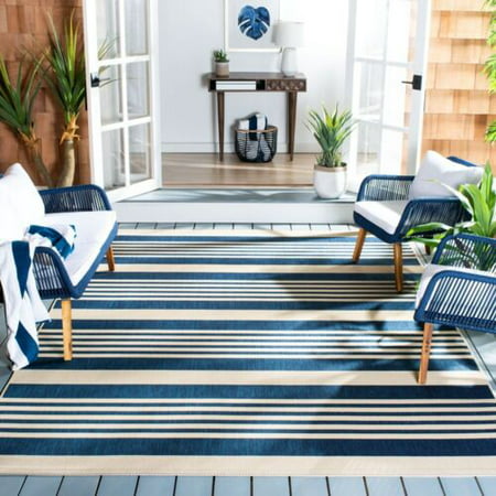 5  X 8  Indoor Outdoor Rug Navy Blue Stripe Porch Deck Patio Outdoor Furniture 5’ X 8  Indoor Outdoor Rug Actual Dimensions Are 5 3  X 7 7  Navy Blue And Beige Stripe Easy Care Polypropylene Machine Woven *Contains Latex*