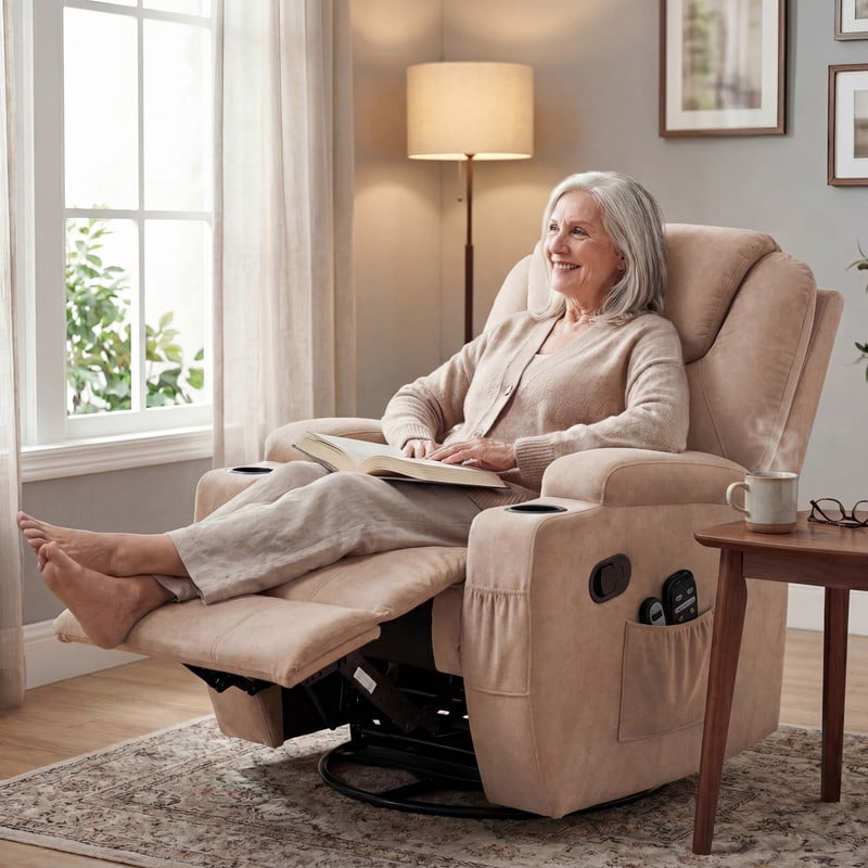 Vineego Massage Swivel Rocker Recliner with PU Leather Fabric Small Spaces Lounge Chair with Two Cup Holder for Bed Room,Linen Beige