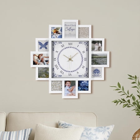 Picture Frame Collage Clock - 12 Photo Display Slots - Wall Mounted Modern Wall Decor - Wall Clock for Living Room, Bedroom, Kitchen, Office (White, Blue 20x 20)