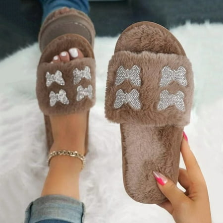 

Daznico Warm Slippers Women Slippers Open Bow Flat Slip On Furry Shoes Keep Home Rhinestone Plush Winter Warm Toe Women s Slipper 8.5