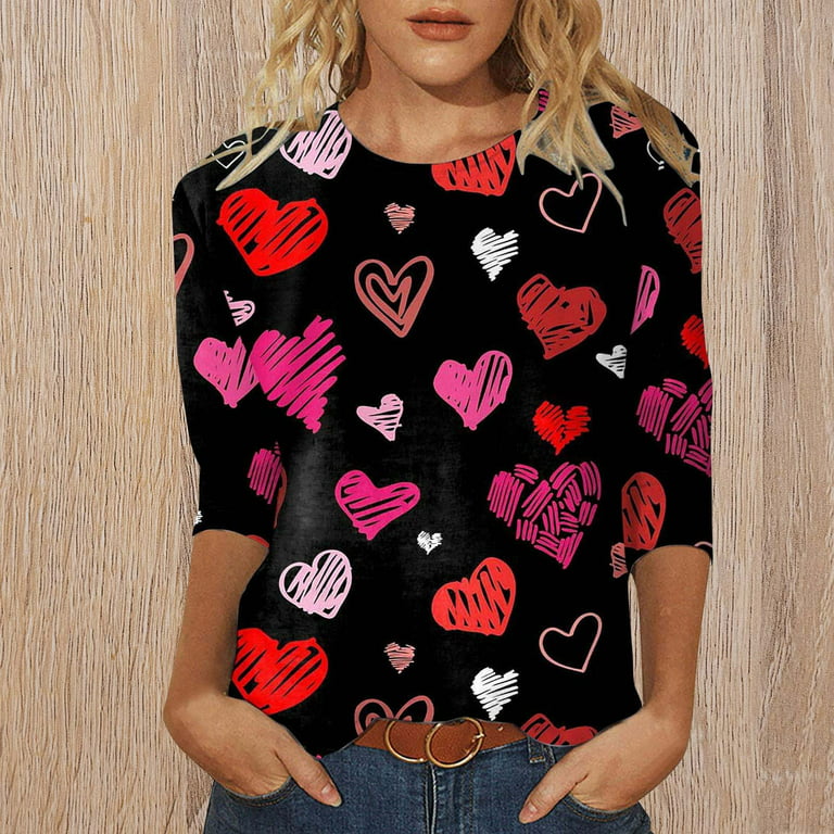HAPIMO Sales Valentine's Day Shirts for Women Valentine Heart Print Tops  Womens Cozy Raglan Blouse Crewneck Pullover Long Sleeve T-Shirt Couples  Fashion Sweatshirt Black M 