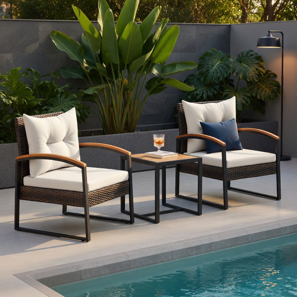 Hommoo 3-Piece Outdoor Patio Conversation Set, Acacia Wood Armrests & Tabletop, PE Rattan Chairs with Cushions, Includes Square Coffee Table, White