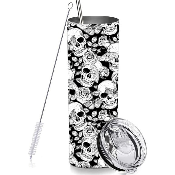 Black Skull Skinny Tumbler Cup with Straw Lid, 20 OZ Floral Calavera Insulated Vacuum Halloween Slim Travel Coffee Mug for Skull Lover