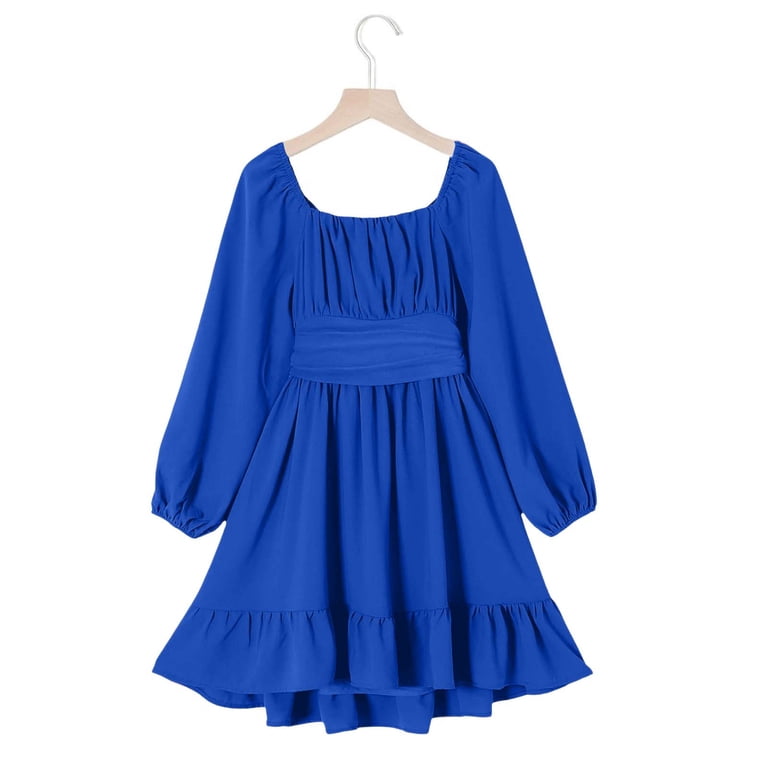 blue flare dress with sleeves Modest Pleated Flare Dress Bell Sleeves