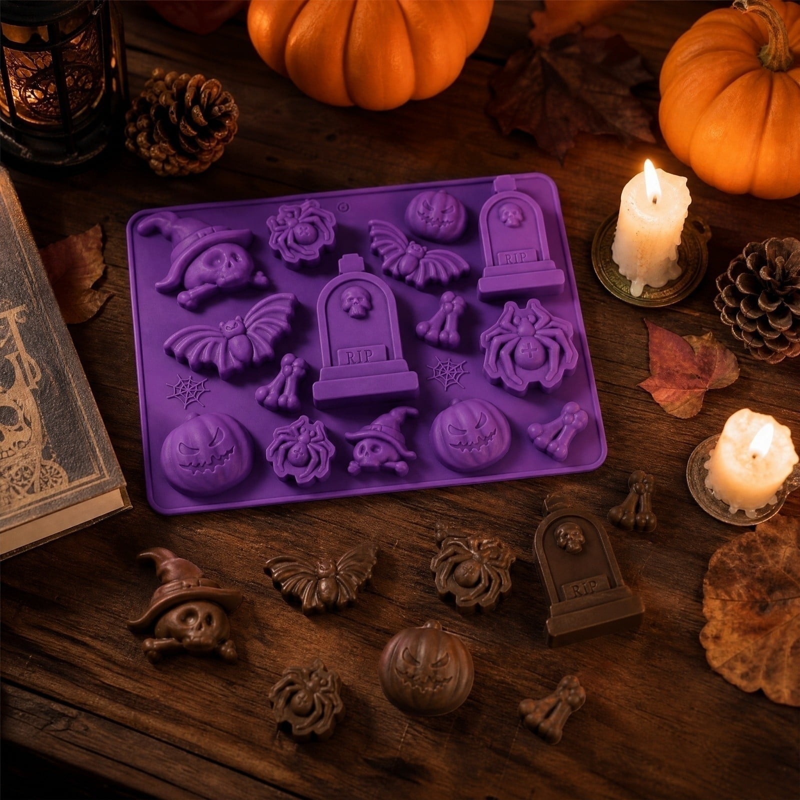 Halloween Chocolate Molds Halloween Silicone Candy Molds for Baking Skeleton Pumpkin Bat Witch Hat Spider Tombstone Shapes Baking Moulds for Handmade Chocolate Candy Ice Cube Jello Soap