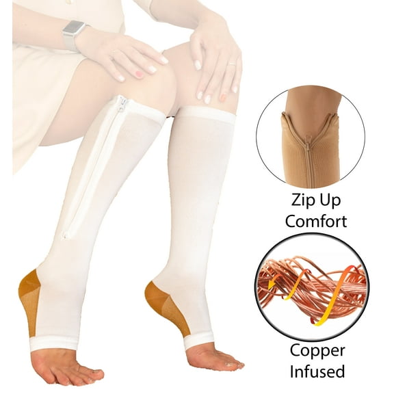 Copper Zipper Compression Socks w/ Open Toe Knee High Support Stockings - Soft, Breathable Compression Socks For Support, Reduce Swelling & Better Circulation - White Large