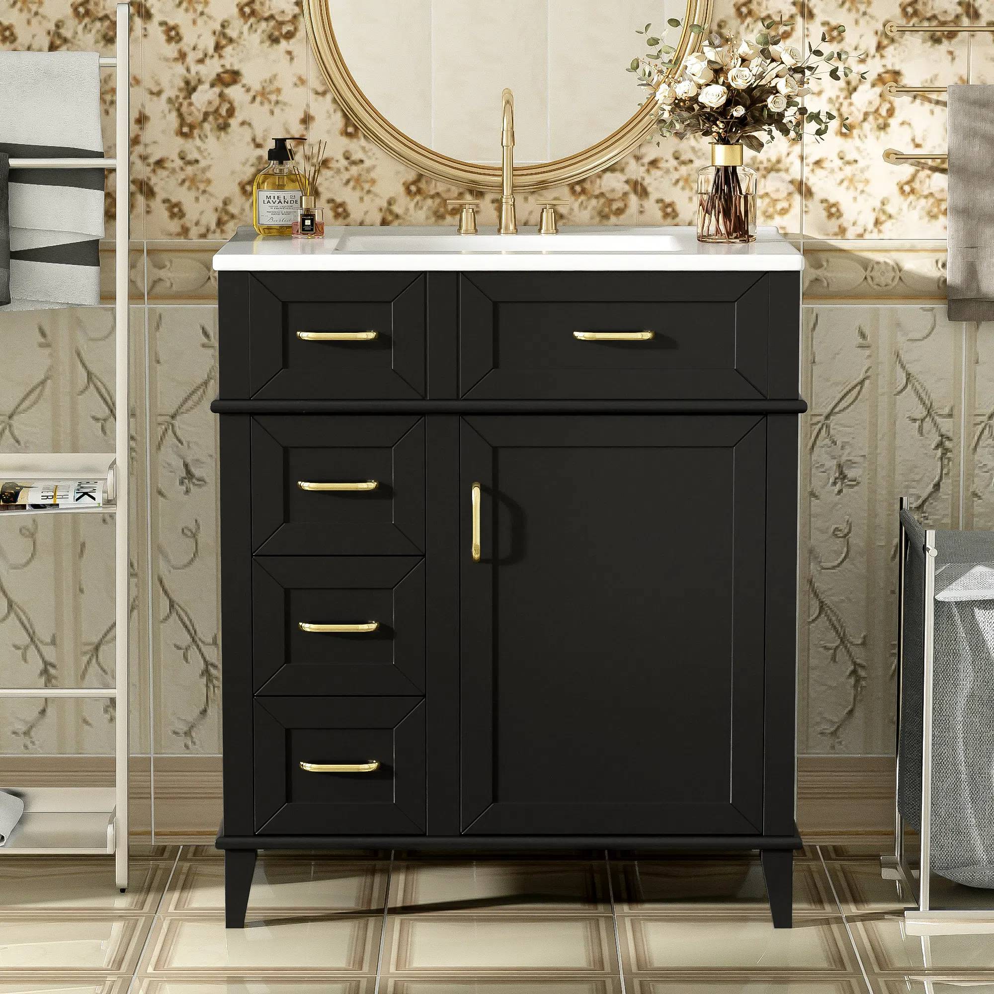 EUROCO 30" Bathroom Vanity with Ceramic Sink,Solid Wood Bathroom Makeup Cabinet with Soft Close Door,Adjustable Shelf and 3 Drawers,Free Standing Single Basin Vanity Set for Bathroom,Black