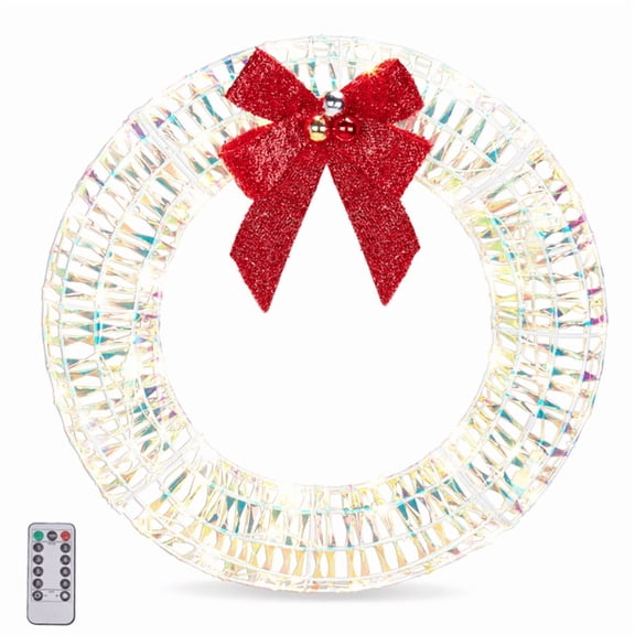 Alvantor 24 in Pre-Lit Iridescent Christmas Wreath with 110 Warm White LED Lights, Red Bow and Weather-Resistant Metal Frame