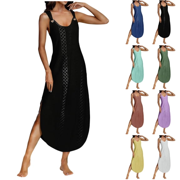 NXMZXB Women Maxi Dress Summer Casual Loose Sleeveless V Neck Spaghetti Strap with O Ring Beach Sundress Coverup Slit Hem Crochet Eyelet Dresses 2026 Vacation Travel Outfits White XL