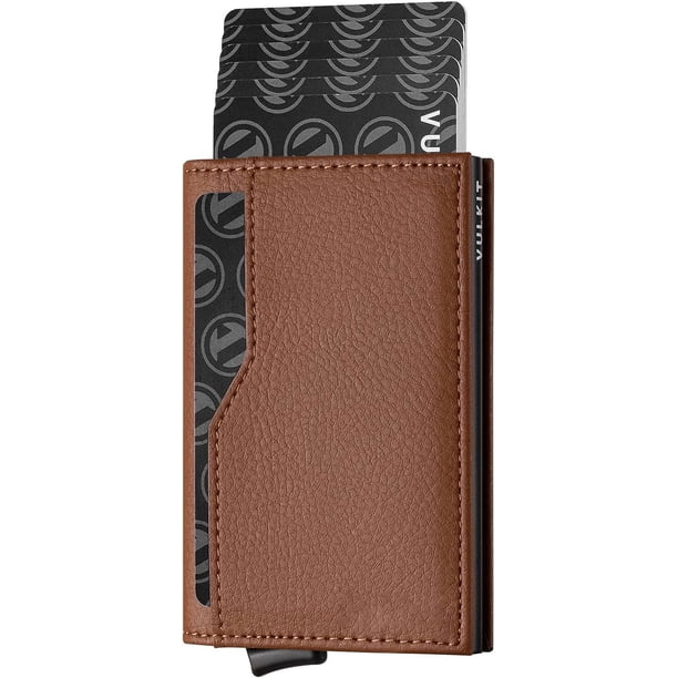 Estuche para tarjetas de metal de cuero genuino para hombre, con cepillo antirrobo RFID, de aleación de aluminio y metal, estilo europeo y americano