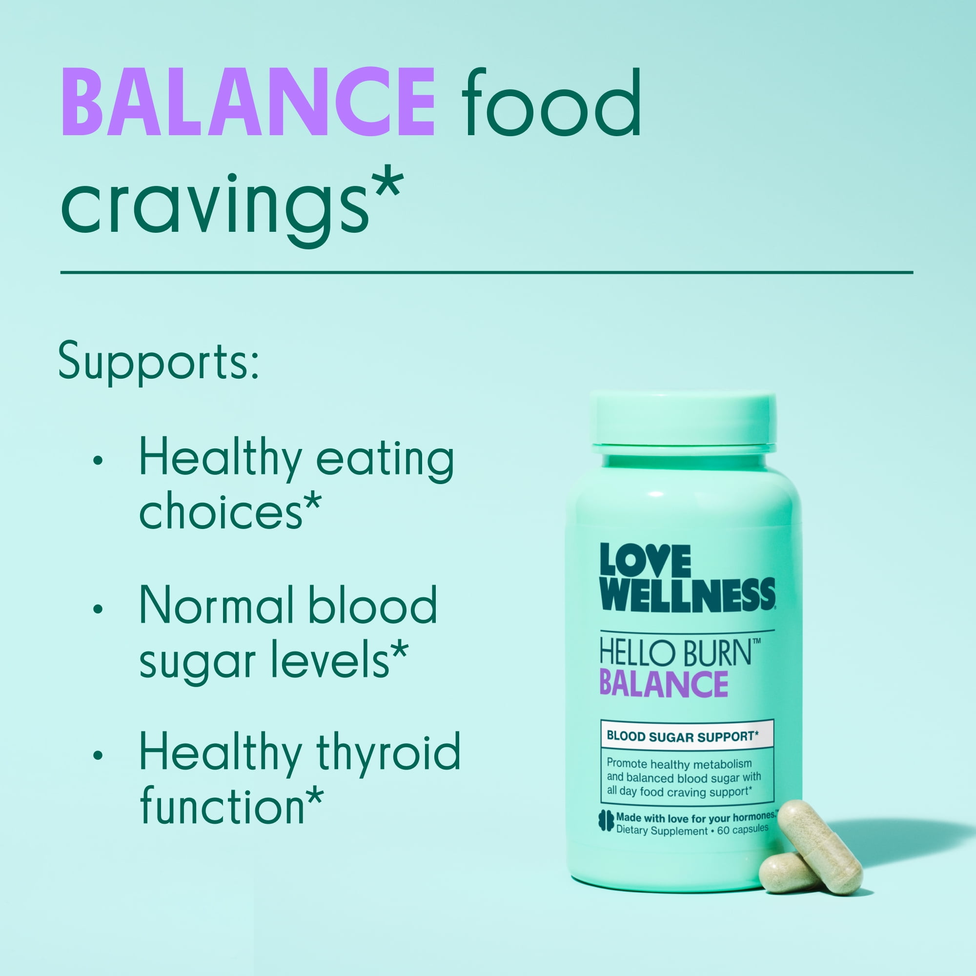 Love Wellness Hello Burn Balance, Blood Sugar Support & Promotes Healthy Eating Habits, 60 Count