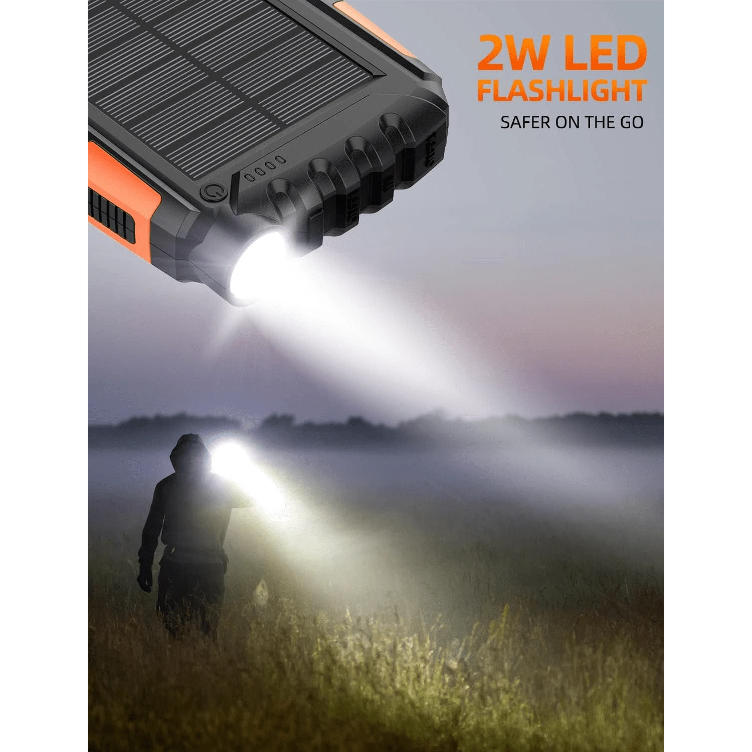 Power-Bank-Solar-Charger - 10000mAh Portable Charger,Solar Power Bank,External Battery Pack 5V3.1A Qc 3.0 Fast Charger Built-In Super Bright Flashlight (Orange)