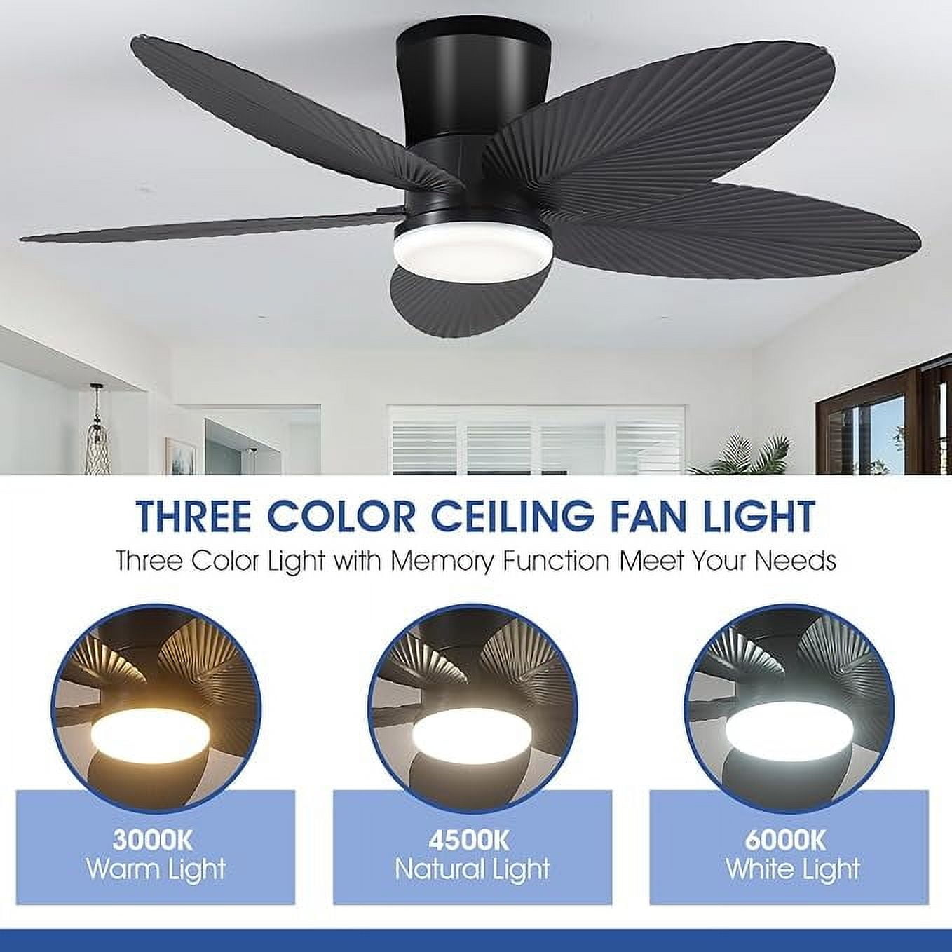 PHORUS 42'' Outdoor Ceiling Fan with Light and Remote,5 Palm Leaf Blades Ceiling Fan,Low Profile Tropical Energy Efficient Ceiling Fans for Outdoor,Indoor,Black