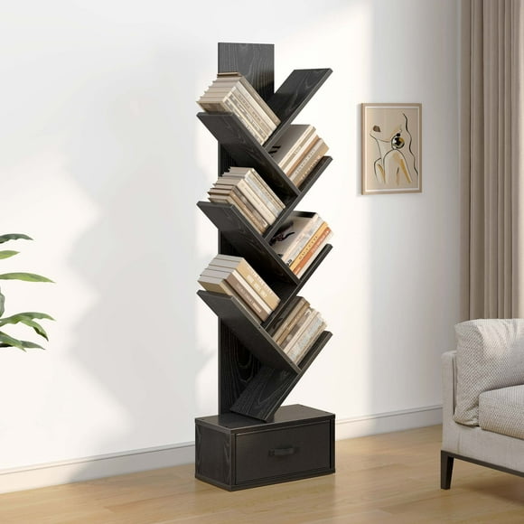 Greenstell 7-Tier Wooden Bookcase with Drawer, Free Standing Tree Bookshelf, Black
