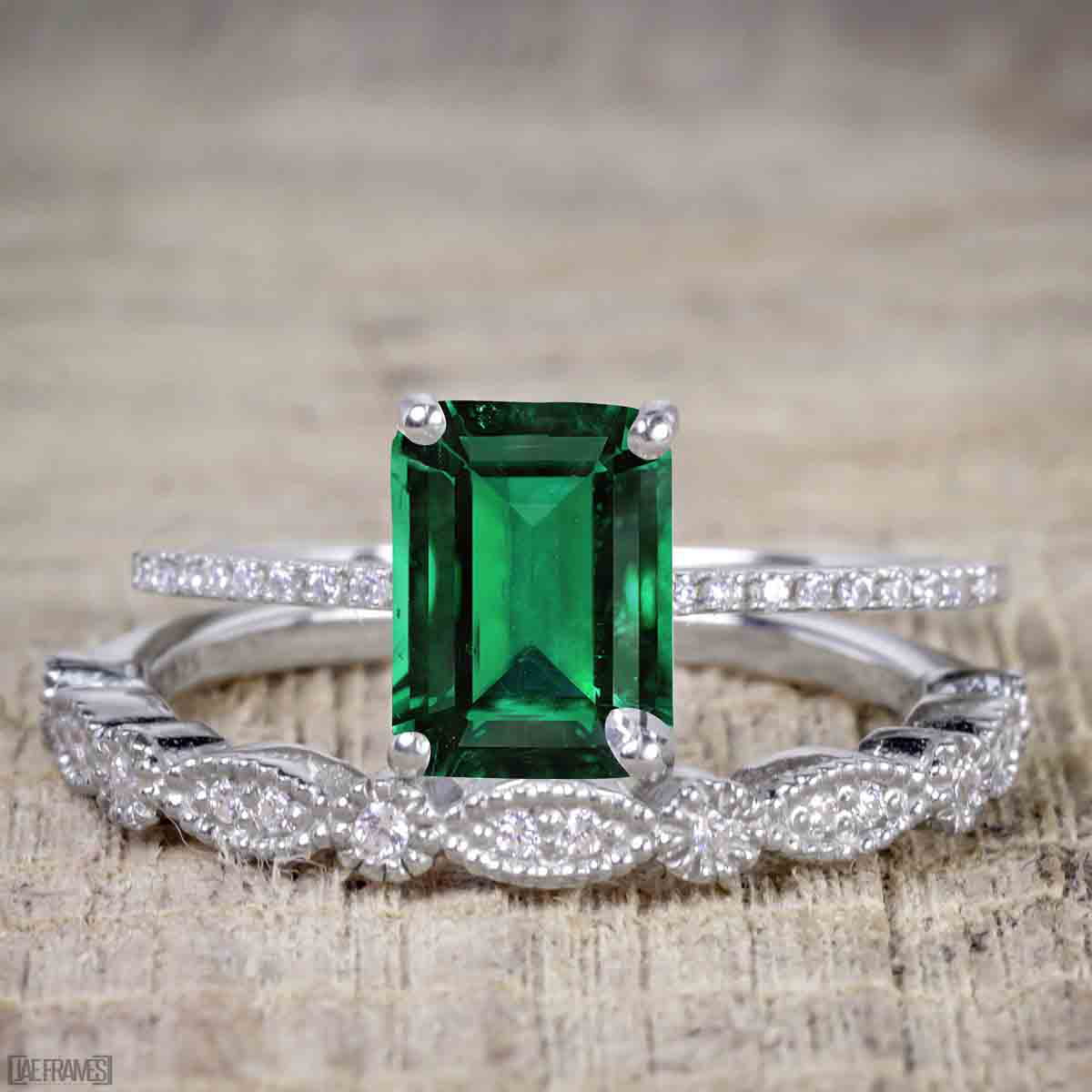 Three stone engagement ring emerald engagement ring set rose gold May –  Ohjewel