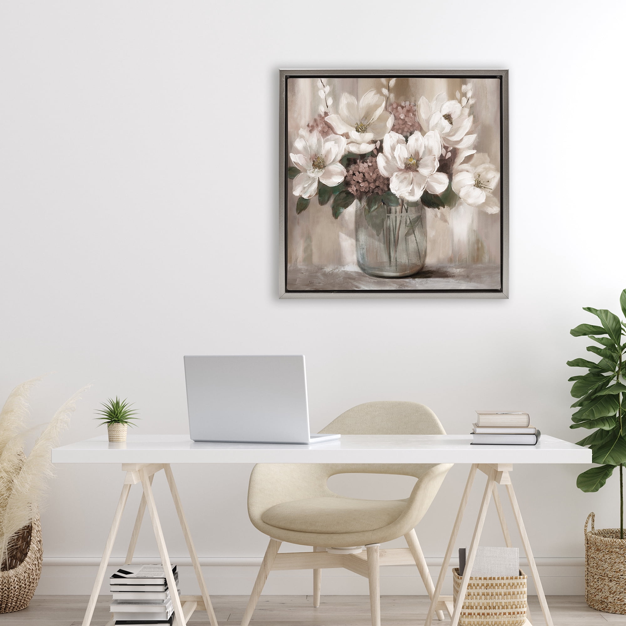 Stupell Industries Ivory Magnolias Vase Gray Framed Floater Canvas Wall Art, design by Nan