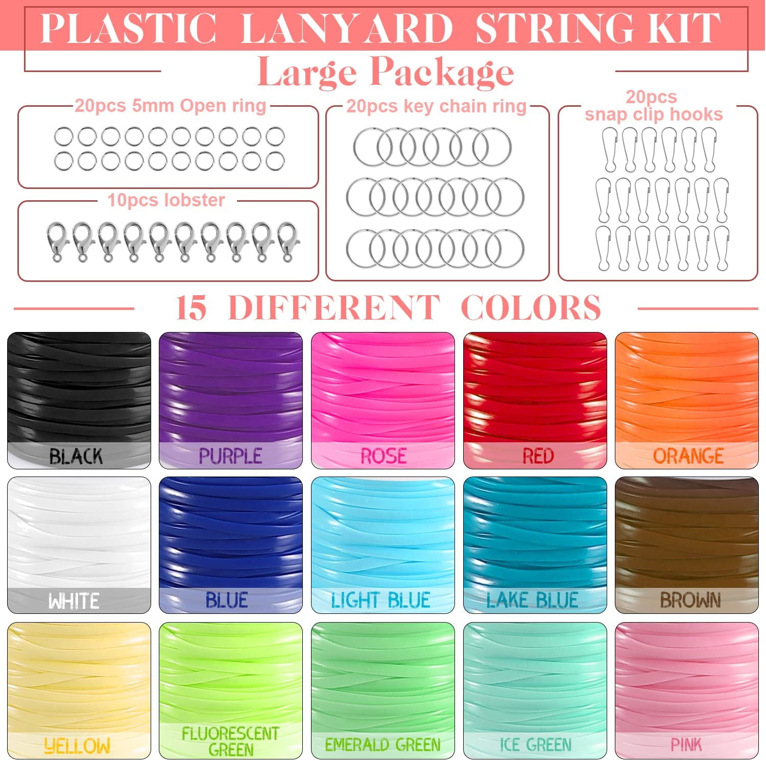 Lanyard String,15 Rolls Gimp String Plastic Lacing Cord Plastic String Lanyard Kit for Friendship Bracelets Jewelry Making DIY Craft Boondoggle Gimp Bracelet Making Kit