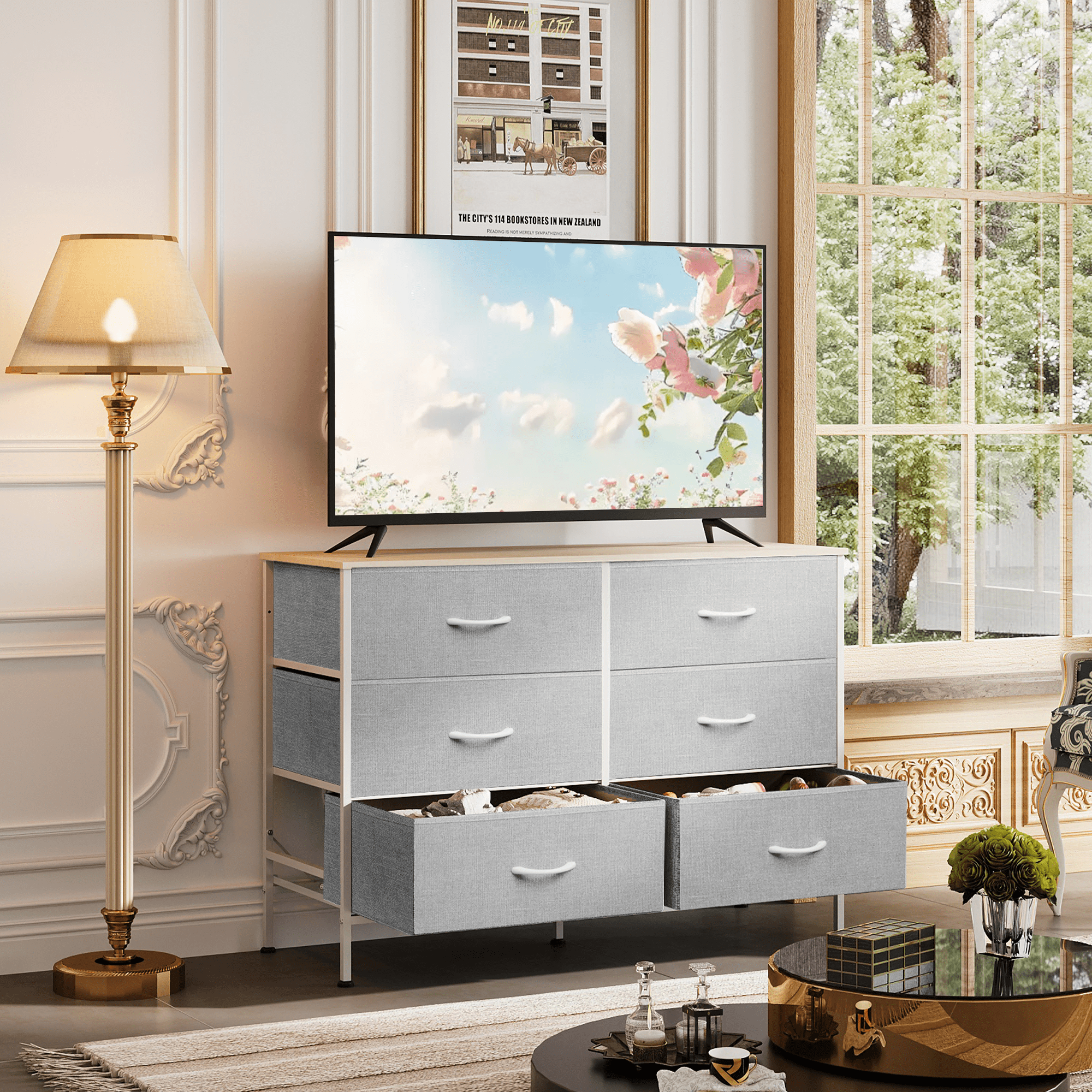 GALAXHERO 6-Drawer Fabric Dresser, 50-Inch TV Stand Wide Chest of Drawers for Bedroom, Closet, Living Room, Light Grey