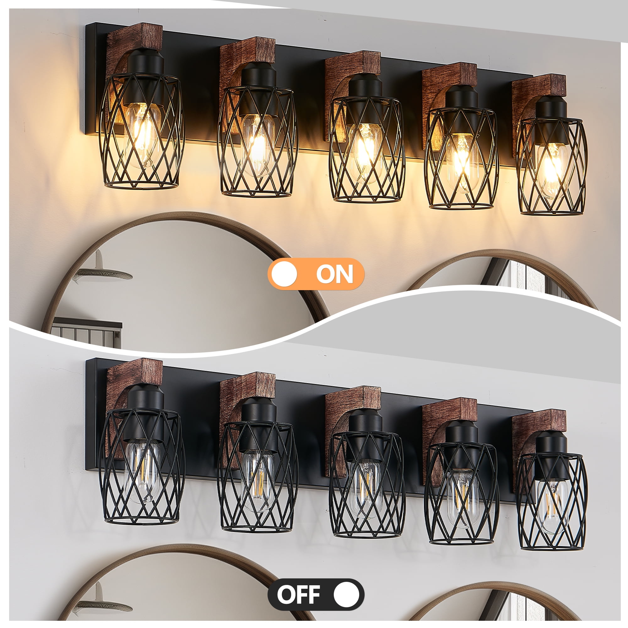 Miniyam 31 in. W 5 Lights Vanity Light Industrial Walnut Black Wall Sconce Black Cage Lighting Fixture for Bathroom Over Mirror, E26, No Bulbs Included