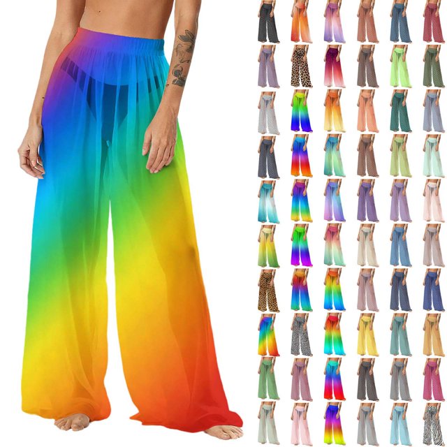 Pincandy Women's Cover Up Pants Sheer Sarong Coverups Summer Boho Beach Pant Elastic Waist Palazzo Cover Up Pants