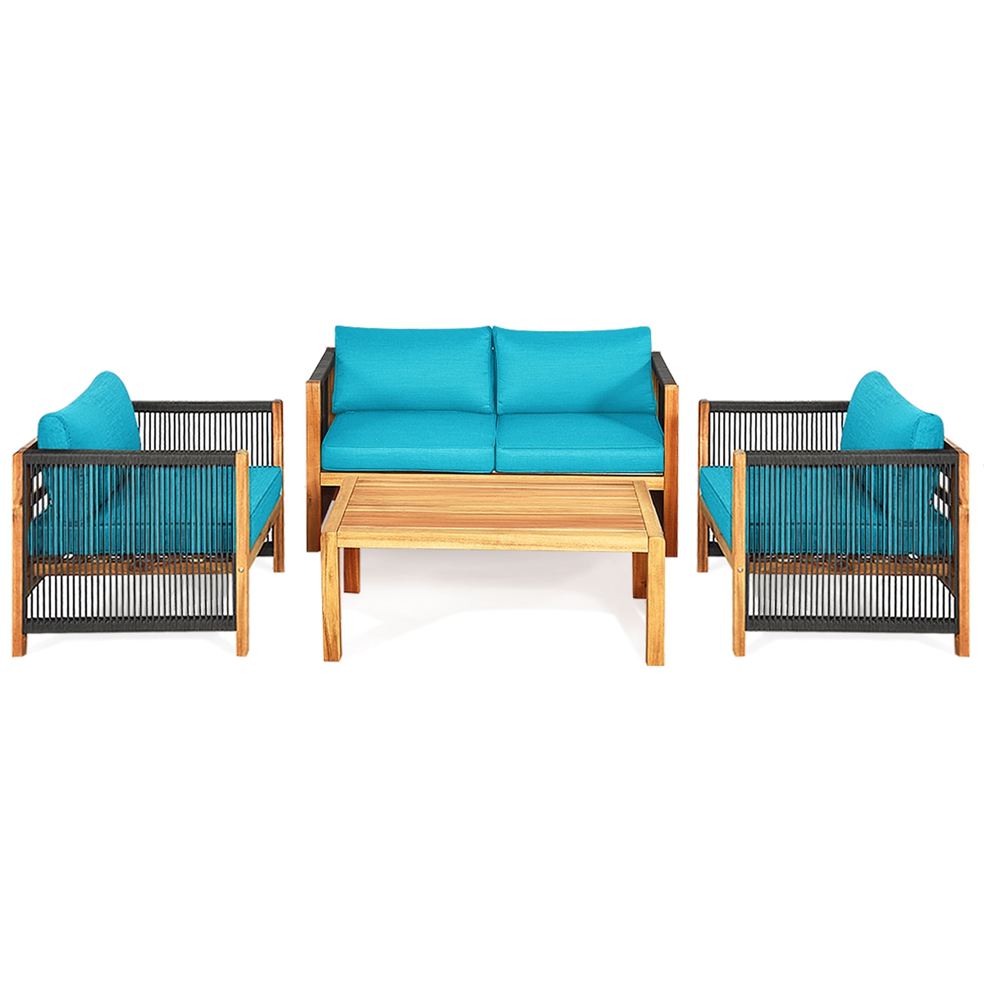 Gymax 8PCS Acacia Wood Outdoor Patio Furniture Conversation Set W/ Turquoise Cushions