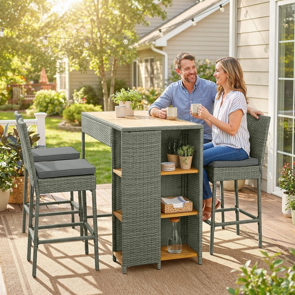 5 Piece Wicker Outdoor Bar Set, Acacia Wood Outdoor High Top Table and Chairs with 3 Tier Shelves, Backrest, Footrest, Cushions, Gray