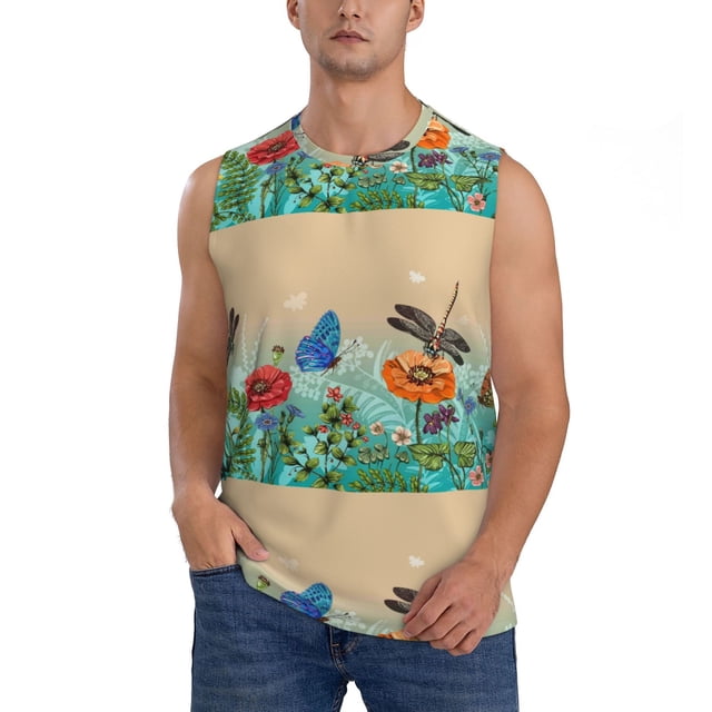 Bingfone Colorful Plants And Insects Pattern Men's Tank Tops Workout Sleeveless Tee Shirts Running Beach Tanks for Men-X-Large