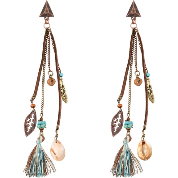 Boho Long Tassel Dangle Earrings for Women with Shell and Leaf Drop Bronze Fringe Feather Brown Earrings for Country Concert Western Jewelry