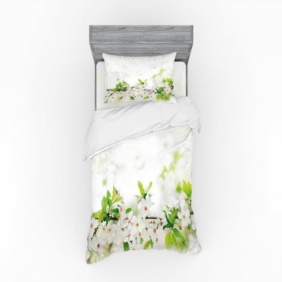 Ambesonne Flower Bedding Set 3 Pcs, White Spring Blossoms, Twin, White Green
