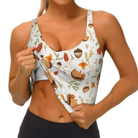 Qokaie Squirrel Pattern Womens Scoop Neck Sports Bra Breathable Workout Vest Padded U Back Medium Impact Fitness Gym Yoga Bra Workout Crop Top