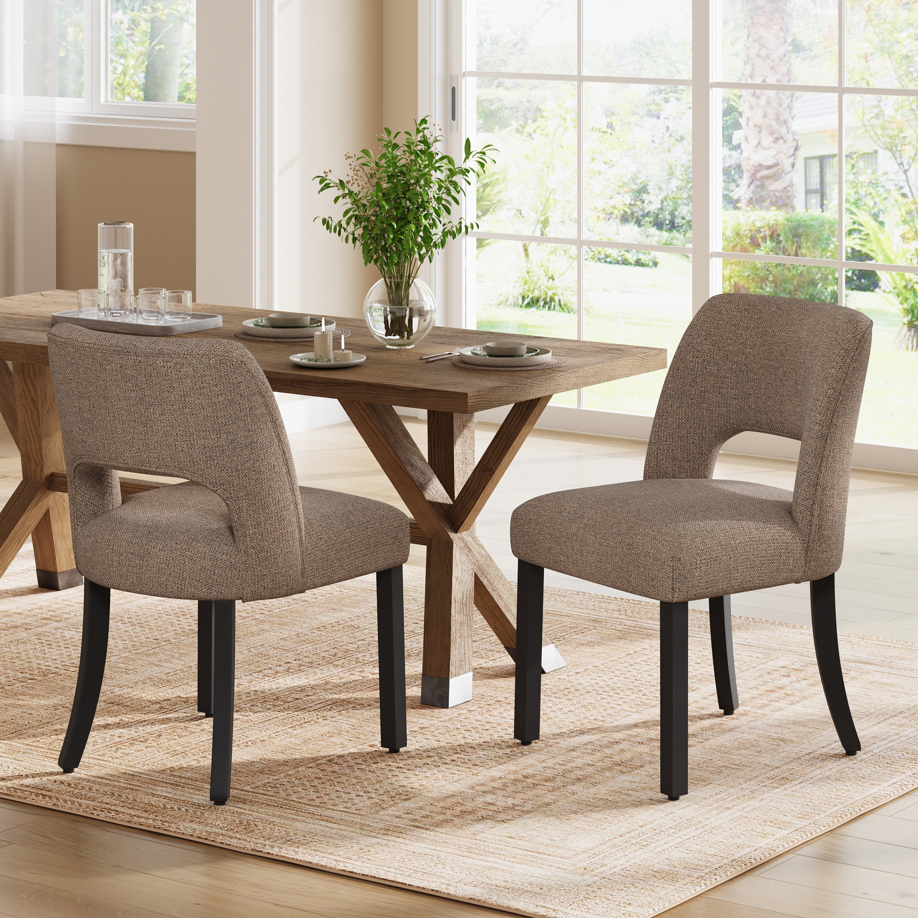 Vknow Furniture Wooden Dining Chairs Set of 2, Modern Fabric Upholstered Dining Room Chair Kitchen Chairs, Farmhouse Dinner Chair for Kitchen Dining Room, Brown