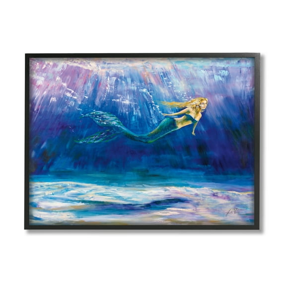 Stupell Industries Mermaid Swimming Deep Blue Ocean Water Painting Black Framed Art Print Wall Art, Design by Jeanette Vertentes