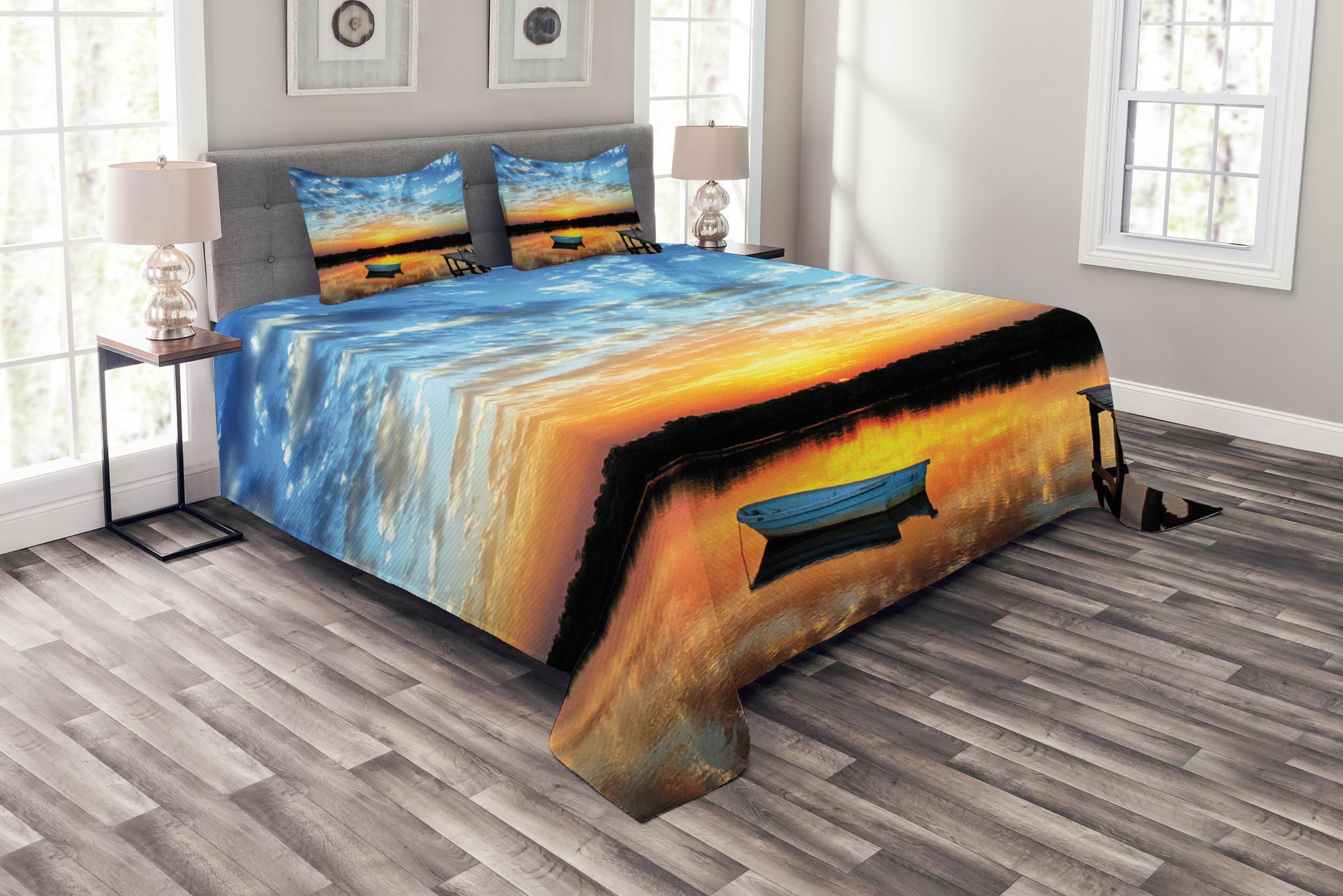 Nautical Bedspread Set Queen Size, Little Fishing Boat on Pond Tranquil