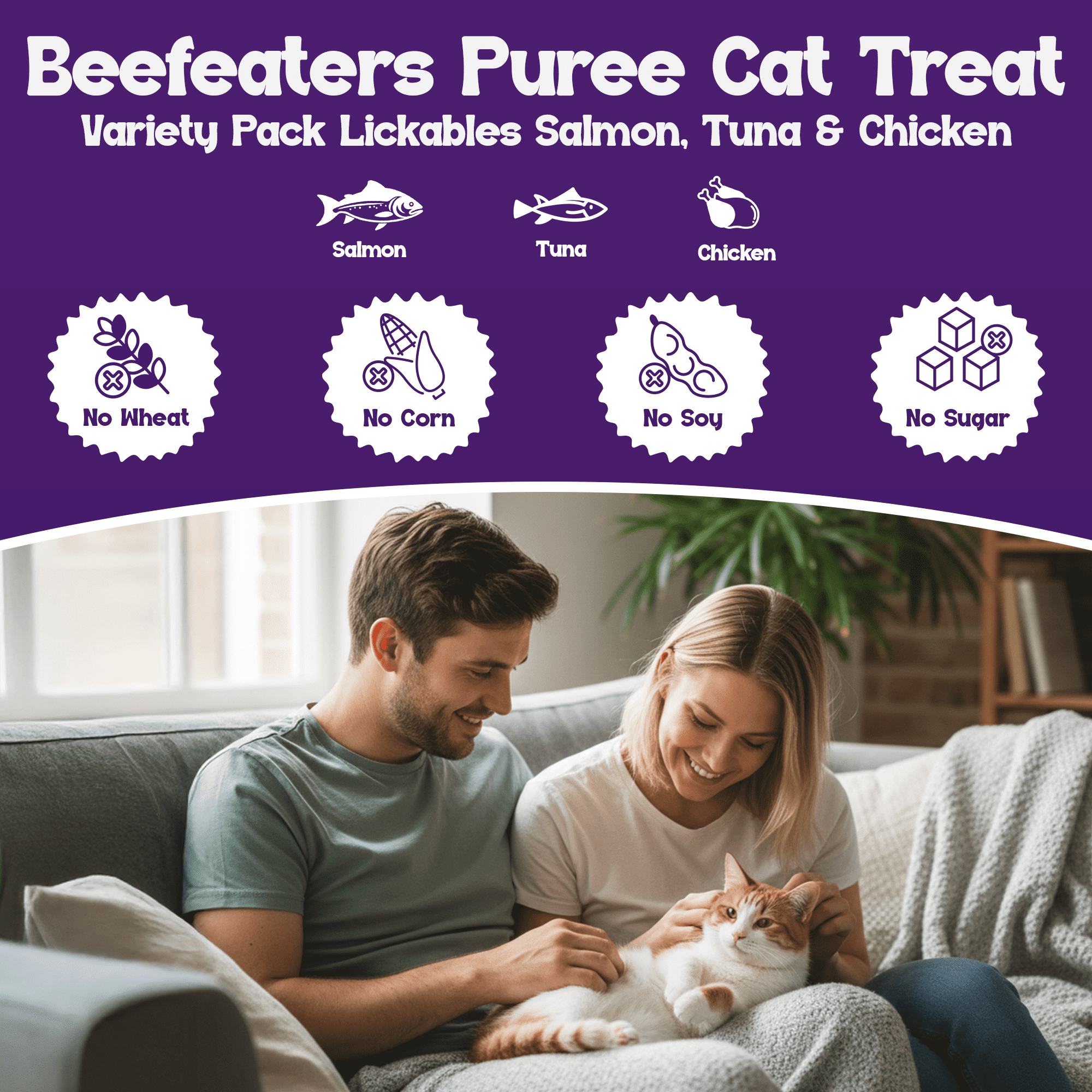 Beefeaters Wet Cat Treats Lickable 48ct Puree Variety Pack - Salmon Tuna Chicken for Hydration & Training, Grain Free Taurine Enriched High Moisture, Lickable Cat Treats & Everyday Treating