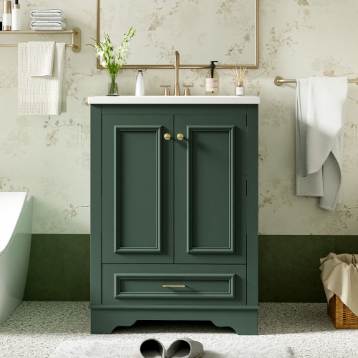 24" Bathroom Vanity with Ceramic Sink, Freestanding Bathroom Cabinet with Storage, Soft Close Doors, Adjustable Shelf, Silver Handles, Green