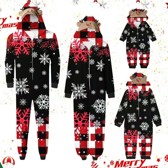 Christmas 2PC Jumpsuit Pajamas for Men Hooded Holiday Graphic Long Sleeve Zip Up Cardigan Top Long Pants Family Matching Homewear Set Red XL