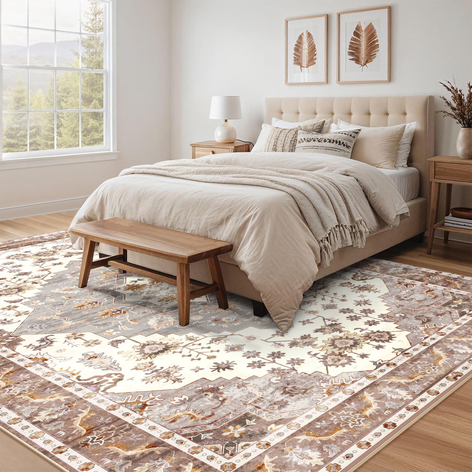 Nefoso 8ft x 10ft Vintage Area Rugs, Washable Area Rugs for Living Room Bedroom Kitchen Home Decor, Non-Slip Carpet, Brown & Beige
