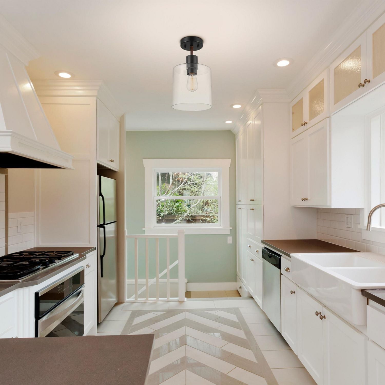 Globe Electric Sedona 1-Light Metal Flush Mount Ceiling Light, Matte Black, Faux Wood Accent, Clear Glass Shade, 60982