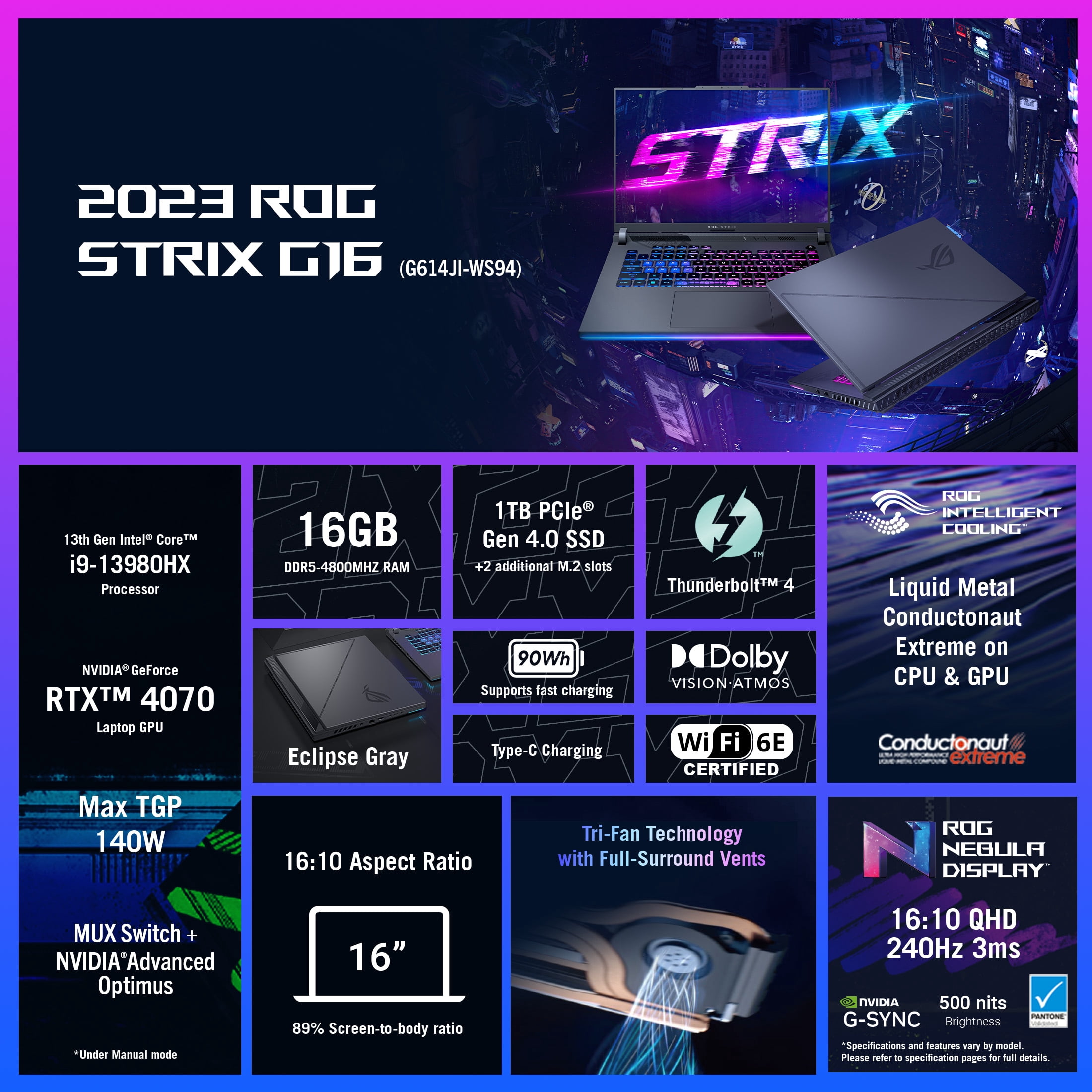 ASUS ROG Strix G16 16 inch QHD Nebula 240Hz Gaming Laptop Intel Core i9-13980HX NVIDIA GeForce RTX 4070 - 16GB DDR5 1TB SSD Eclipse Gray (2023)