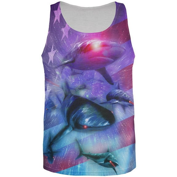 July 4th Patriotic American Galaxy Laser Sharks All Over Mens Tank Top Multi SM