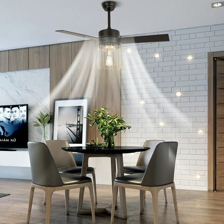 

48 Metal Cage Ceiling Fan Lamp 5 Wood Blade Fan Chandelier W/ Remote