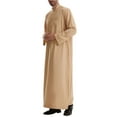 thumbnail image 4 of Wyobmus Men's Muslim Robe Solid Color Middle Round Collar Robe Long Style Long Sleeve Pullover Long Shirt Fashion Casual Robe Khaki, 4 of 4