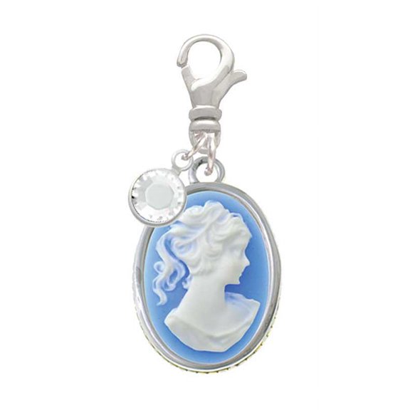 Delight Jewelry Silvertone Small Blue Oval Cameo - Silvertone Clip on Charm with Clear Crystal Drop