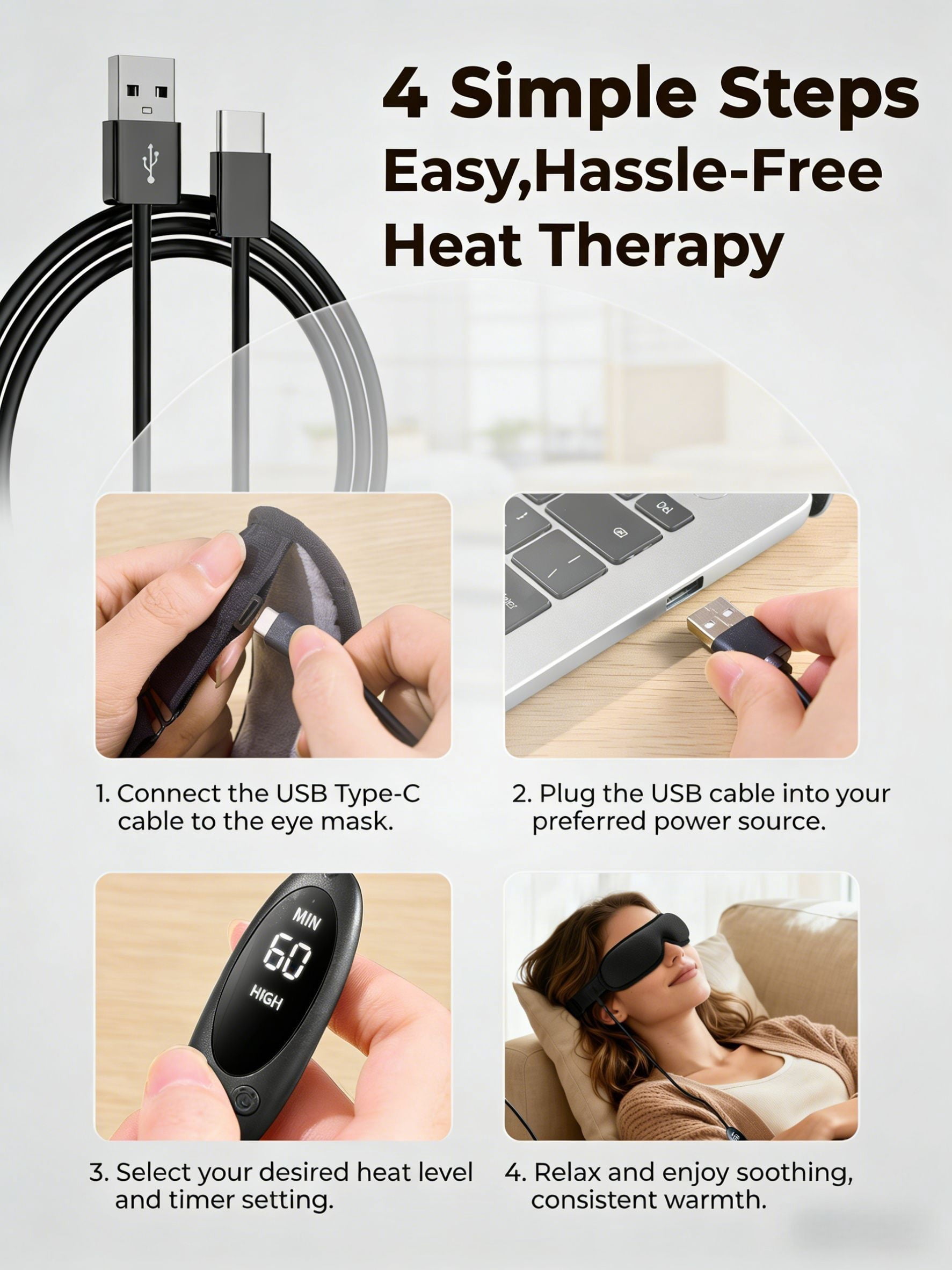 FACEMOON USB Powered Heated Eye Mask for Dry Eyes Relief, Washable, for Travel, with Replaceable Cover, black