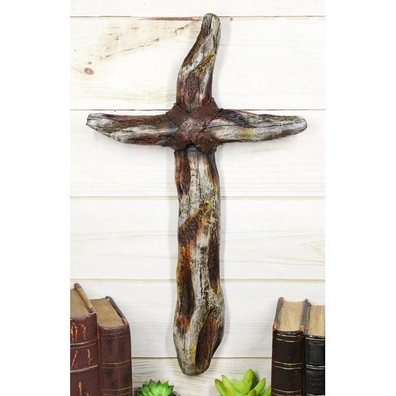 Rustic Western Faux Distressed Wood Trunks Inspirational Wall Cross Plaque 16"H